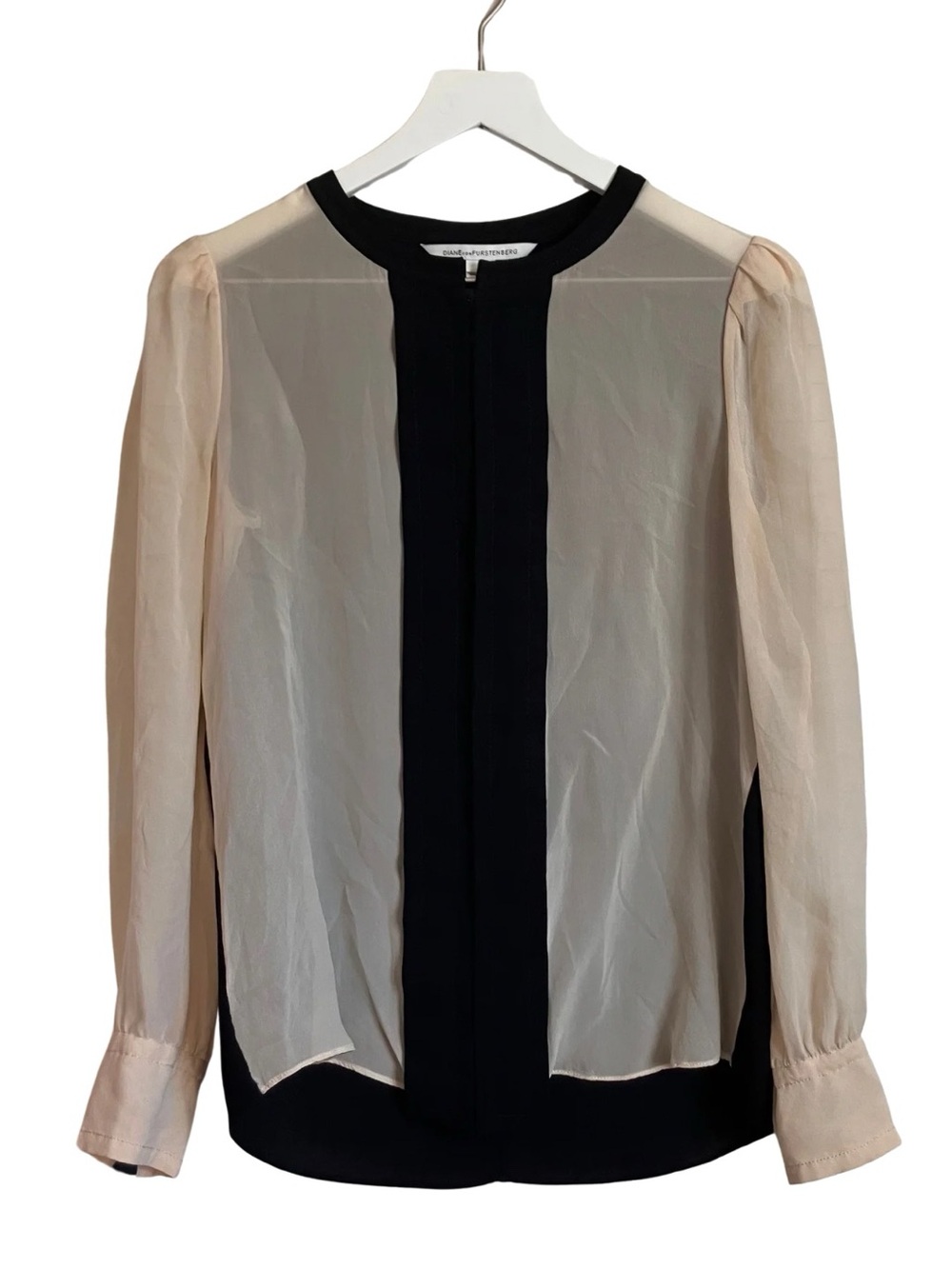 DVF Silk Blouse Colorblock Career Mature Quiet Luxury Long Sleeve Black Cream 6
